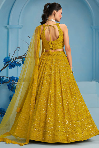 Sequins Work Georgette Fabric Designer Lehenga In Yellow Color With Blouse