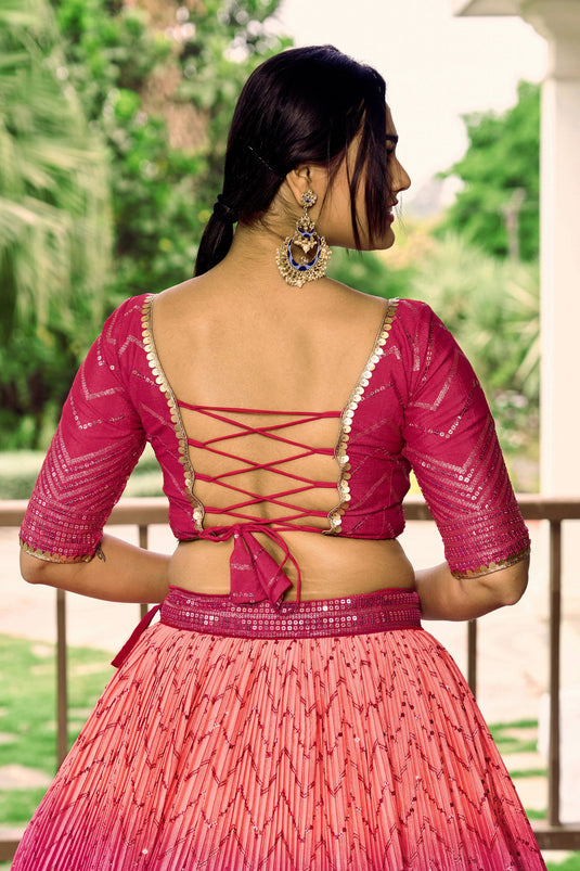 Elegant Pink Chinon Fabric Sangeet Wear Sequins Work Lehenga