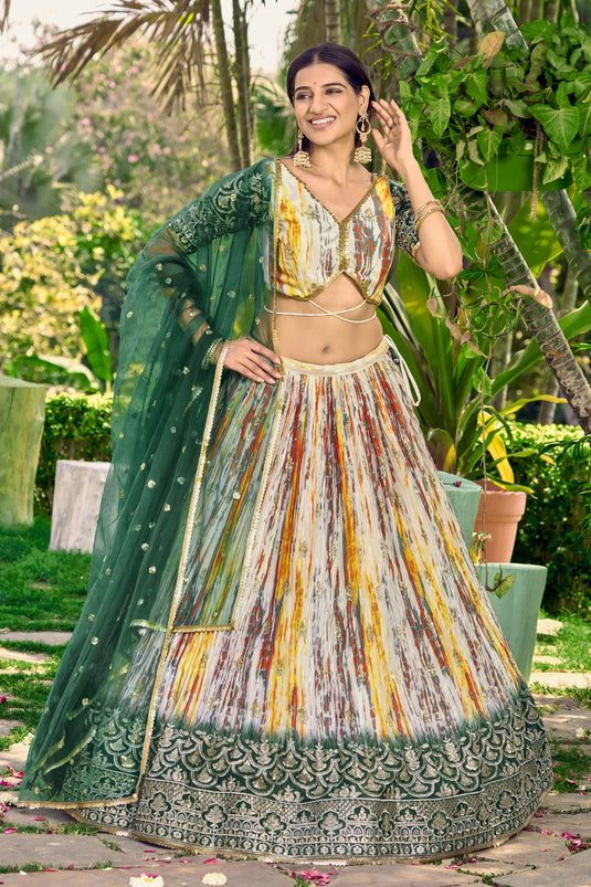 Traditional Function Look Green Color Sequins Designs Lehenga In Chinon Fabric