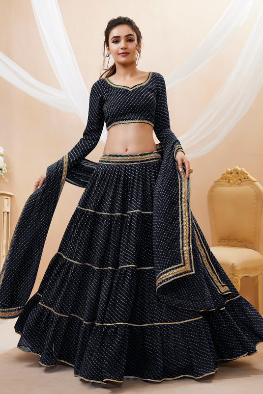 Incredible Leheriya Printed On Georgette Fabric Black Color Lehenga