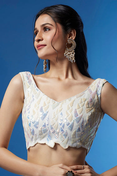 White Color Net Fabric Sangeet Wear Lehenga Choli