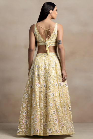 Sequins Work Yellow Sangeet Wear Lehenga Choli In Net Fabric