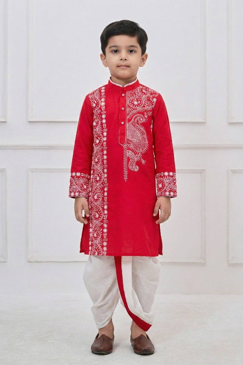 Viscose Embroidered Red Festive Wear Readymade Kurta With Dhoti For Boys