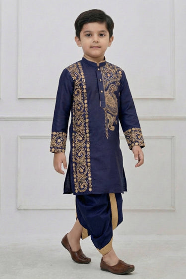 Embroidered Viscose Navy Blue Boys Readymade Kurta With Dhoti For Festive Wear