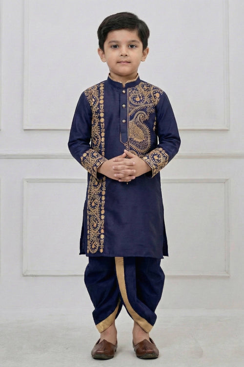 Embroidered Viscose Navy Blue Boys Readymade Kurta With Dhoti For Festive Wear