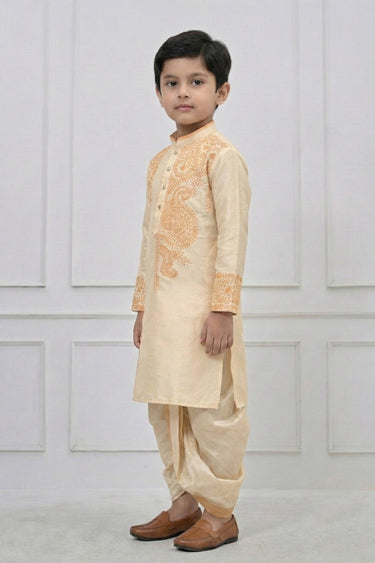 Viscose Embroidered Beige Boys Readymade Kurta With Dhoti For Festive Wear