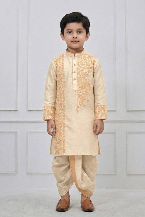 Viscose Embroidered Beige Boys Readymade Kurta With Dhoti For Festive Wear
