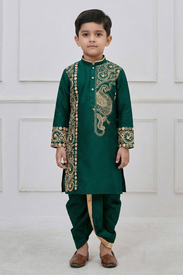 Dark Green Festive Wear Viscose Embroidered Readymade Kurta With Dhoti For Boys