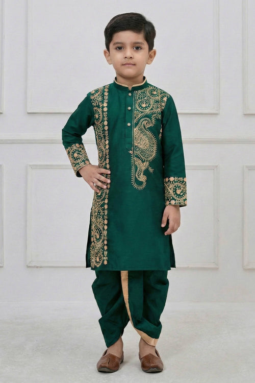 Dark Green Festive Wear Viscose Embroidered Readymade Kurta With Dhoti For Boys