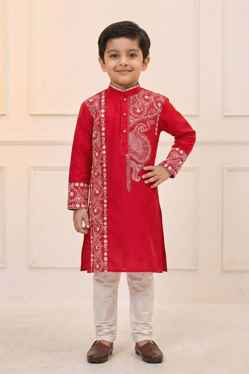 Viscose Embroidered Red Sangeet Wear Readymade Kurta Pyjama For Boys