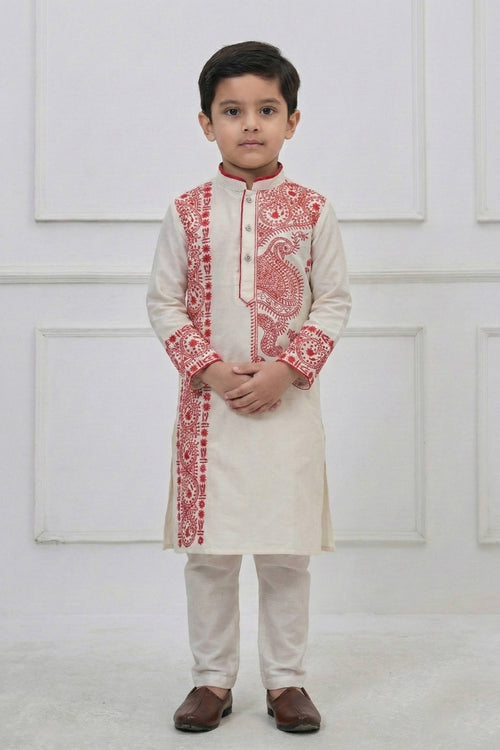 Off White Sangeet Wear Viscose Embroidered Readymade Kurta Pyjama For Boys