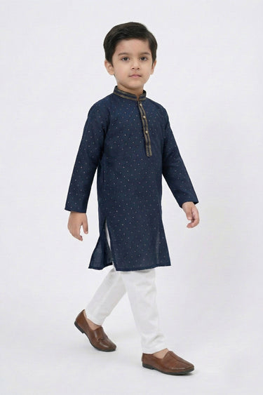 Silk Navy Blue Boys Readymade Kurta Pyjama For Festive Wear