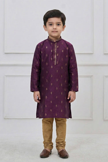 Silk Fabric Wine Boys Readymade Kurta Pyjama For Festive Wear
