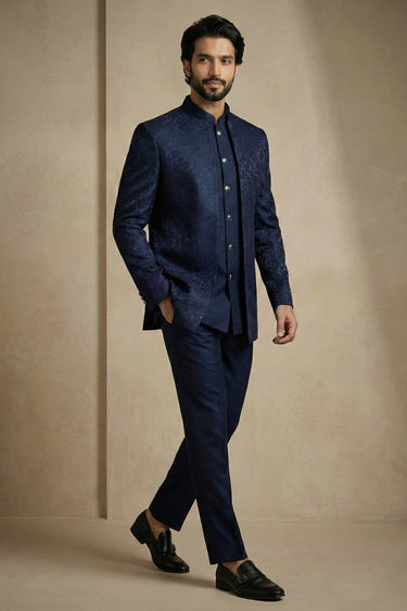 Satin Fabric Navy Blue Men Readymade Indo Western For function Wear