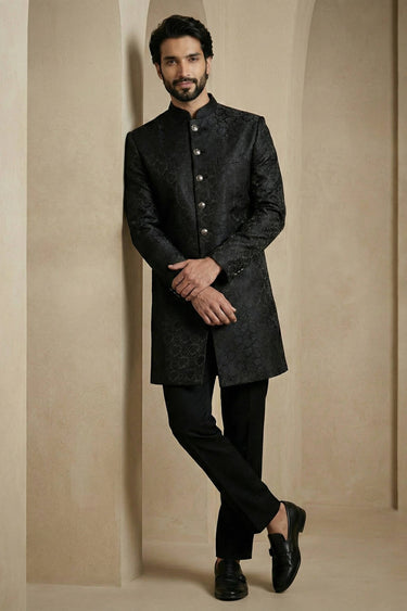 Jacquard Fabric Black Sangeet Wear Readymade Indo Western For Men