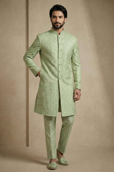 Sea Green Sangeet Wear Jacquard Fabric Readymade Indo Western For Men