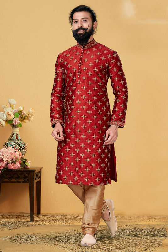 Fetching Red Dhupion Fabric Sangeet Wear Readymade Kurta Pyjama For Men
