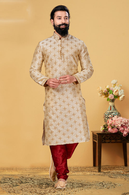Dhupion Beige Color Sangeet Wear Pretty Readymade Kurta Pyjama For Men