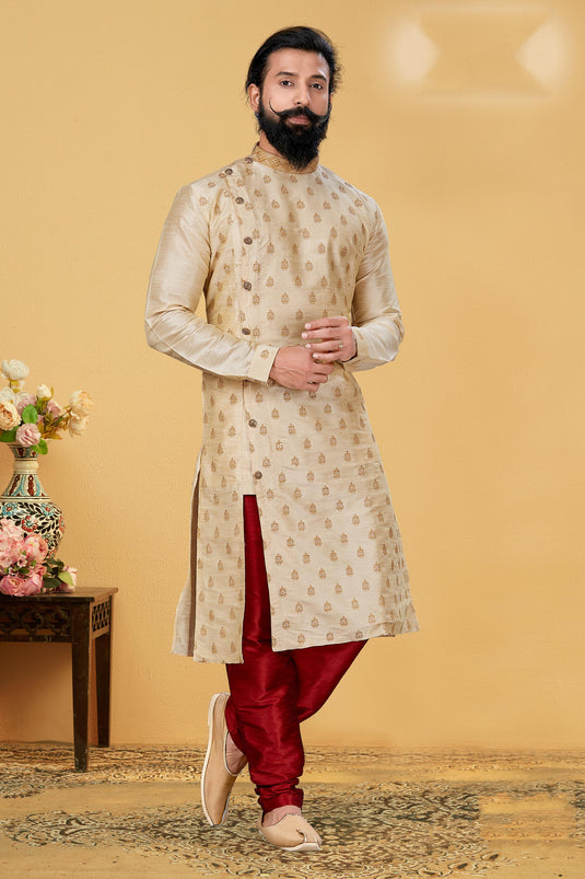 Beige Color Beautiful Dhupion Fabric Wedding Wear Readymade Kurta Pyjama For Men