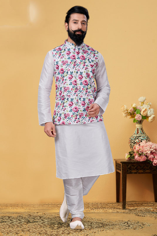 Dhupion Silk Stunning White Color Function Wear Readymade Men Kurta Pyjama With Jacket