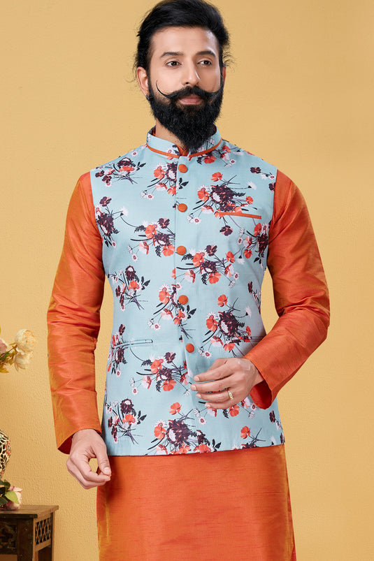 Gorgeous Rust Color Dhupion Silk Fabric Function Wear Readymade Kurta Pyjama For Men With 3 Pcs Jacket Set