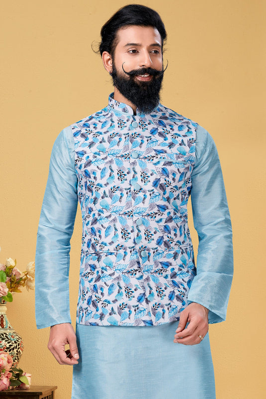 Sky Blue Color Sangeet Wear Readymade Lovely Dhupion Silk Fabric Kurta Pyjama For Men With 3 Pcs Jacket Set