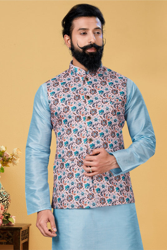 Dhupion Silk Fabric Wedding Wear Readymade Pretty Sky Blue Color Kurta Pyjama For Men With 3 Pcs Jacket Set