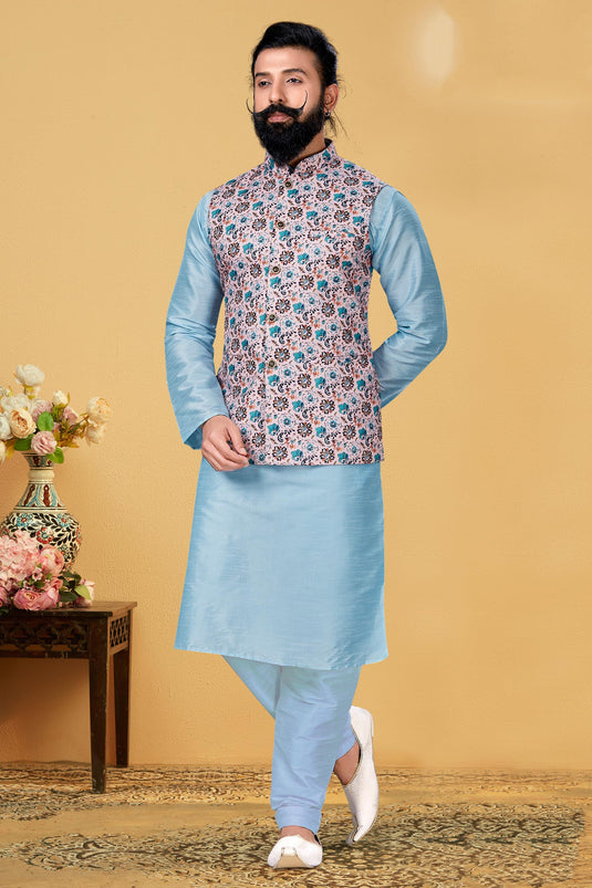 Dhupion Silk Fabric Wedding Wear Readymade Pretty Sky Blue Color Kurta Pyjama For Men With 3 Pcs Jacket Set