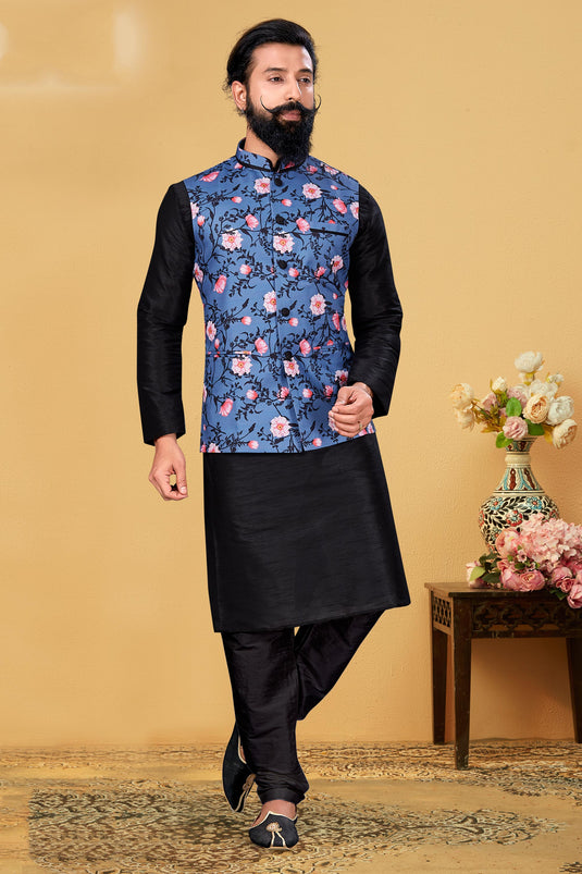 Moss Black Color Dhupion Silk Fabric Readymade Men Kurta With Jacket Set