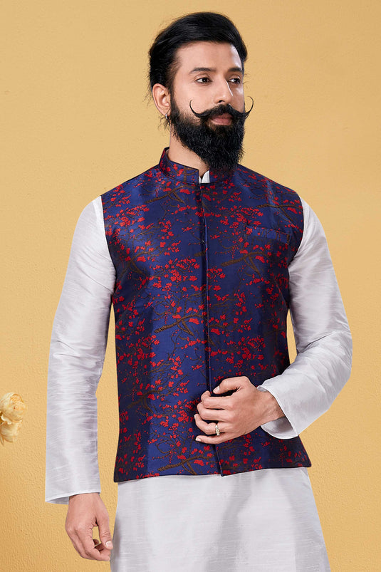 Silk Fabric Blue Color Festive Wear Readymade Men Stylish Nehru Jacket