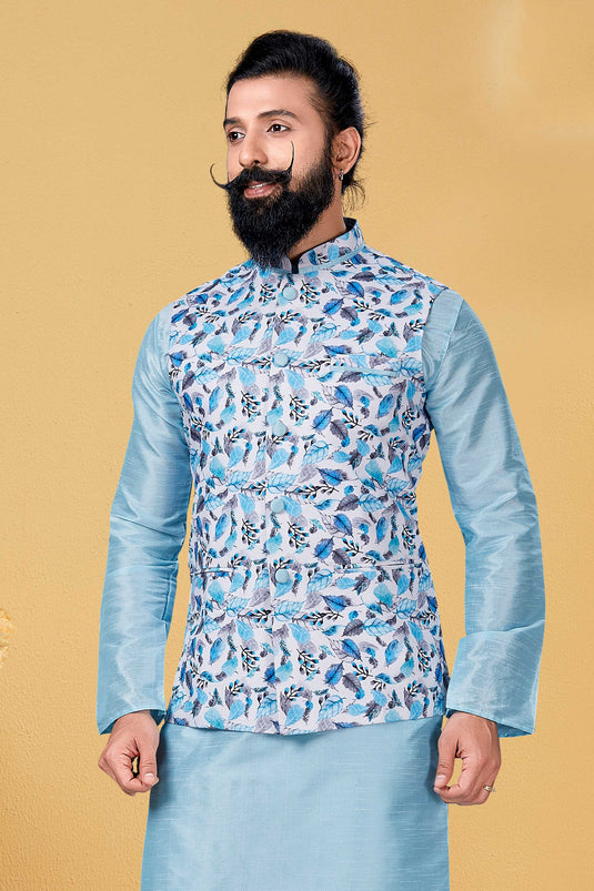 Cotton Fabric Festive Wear Readymade Lovely Sky Blue Color Jacket For Men