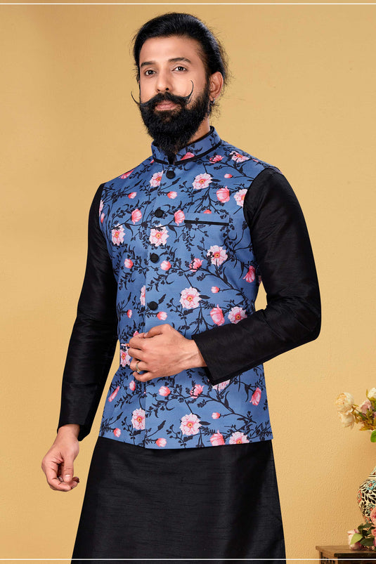 Blue Color Sangeet Wear Readymade Men Jacket In Cotton Fabric