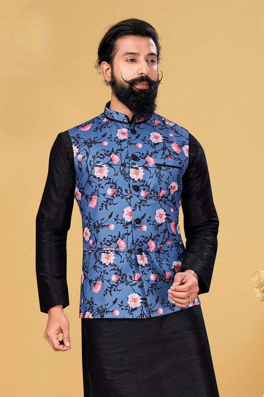 Blue Color Sangeet Wear Readymade Men Jacket In Cotton Fabric