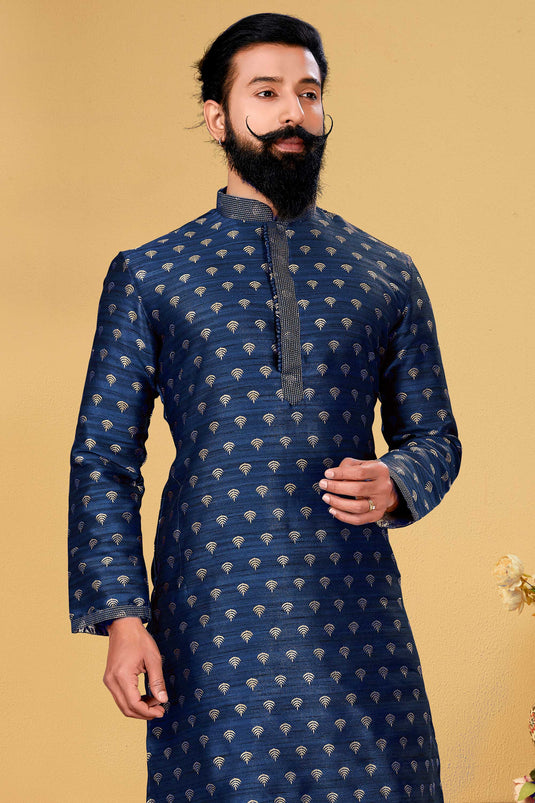 Navy Blue Jacquard Silk Fabric Sangeet Wear Trendy Readymade Kurta Pyjama For Men