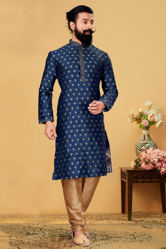 Navy Blue Jacquard Silk Fabric Sangeet Wear Trendy Readymade Kurta Pyjama For Men