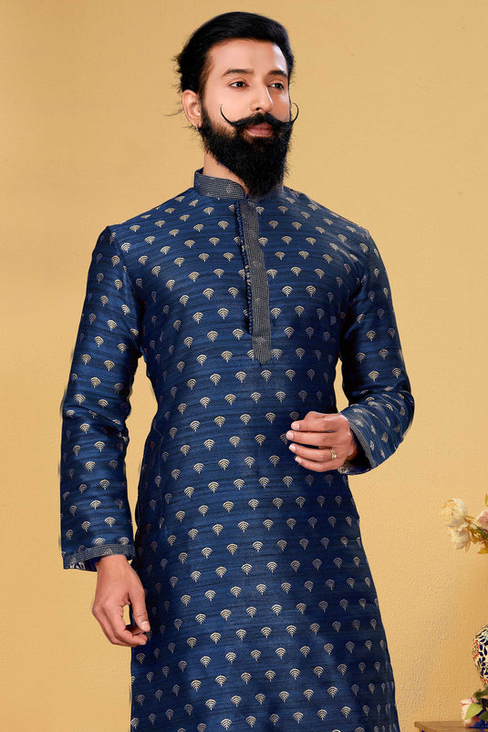 Jacquard Silk Blue Color Wedding Wear Readymade Designer Men Kurta Pyjama