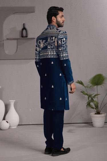 Navy Blue Wedding Wear Fancy Fabric Embroidered Readymade Indo Western For Men