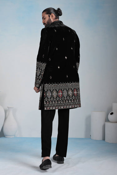 Velvet Black Embroidered Men Readymade Indo Western For Wedding Wear