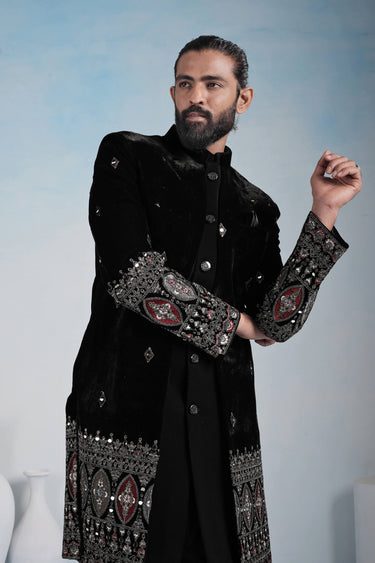 Velvet Black Embroidered Men Readymade Indo Western For Wedding Wear
