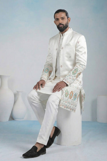 Off White Wedding Wear Fancy Fabric Embroidered Readymade Indo Western For Men