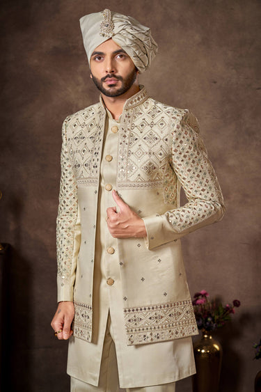Silk Embroidered Cream Wedding Wear Readymade Indo Western For Men