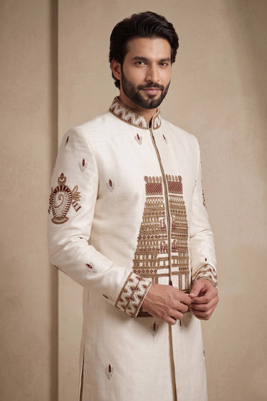 Off White Satin Silk Designer Readymade Indo Western Jodhpuri Suit