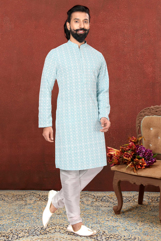 Georgette Fabric Cyan Color Festive Wear Readymade Men Stylish Kurta Pyjama