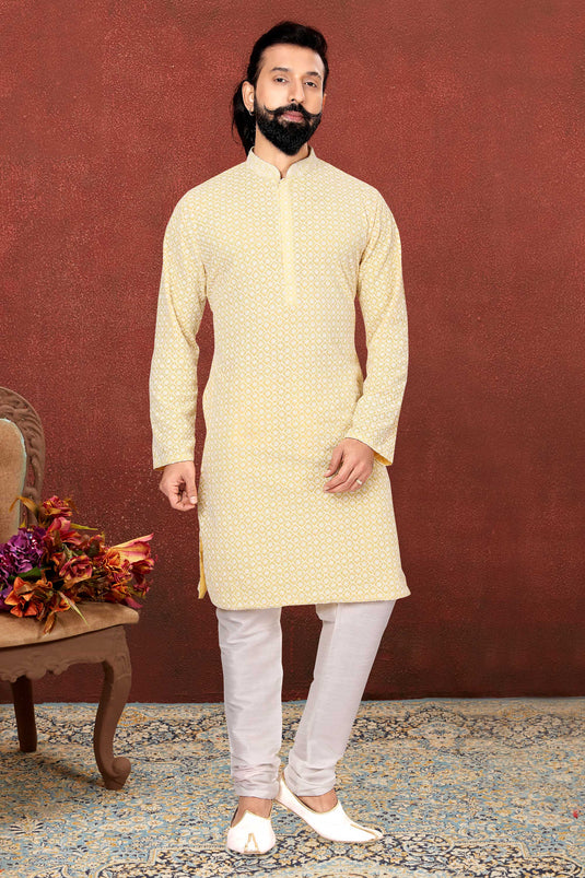 Yellow Georgette Fabric Sangeet Wear Trendy Readymade Kurta Pyjama For Men