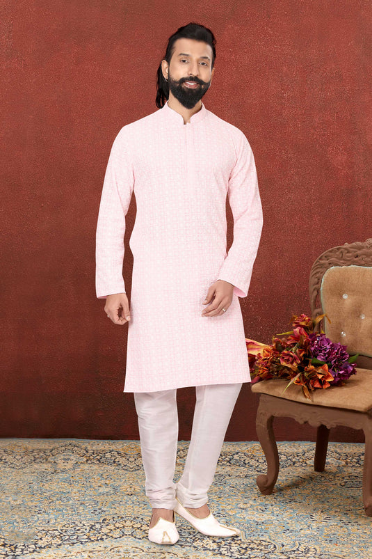 Georgette Fabric Pink Color Festive Wear Readymade Lovely Kurta Pyjama For Men