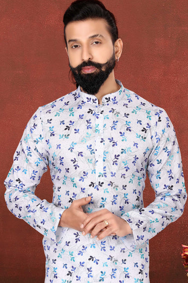 Cotton Fabric White Color Artistic Readymade Men Kurta Pyjama For Wedding Wear