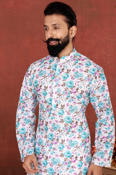 Cotton Fabric Off White Color Festive Wear Trendy Readymade Men Kurta Pyjama