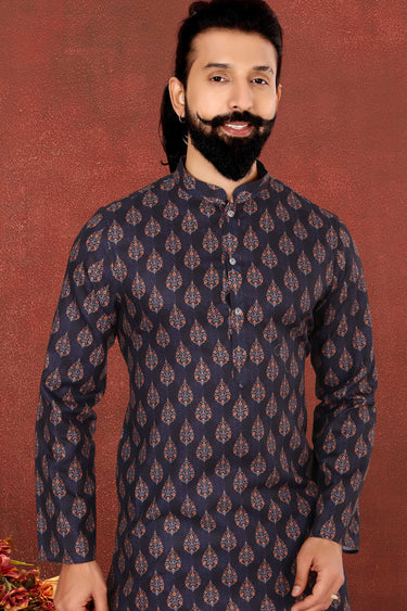 Navy Blue Color Cotton Fabric Reception Wear Striking Kurta Pyjama For Men