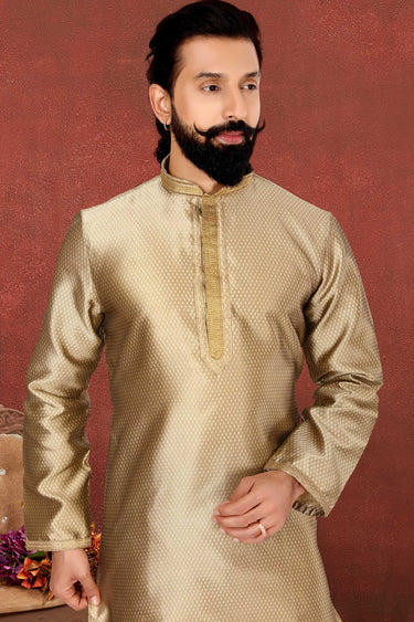 Beautiful Fancy Fabric Wedding Wear Kurta Pyjama For Men In Golden Color