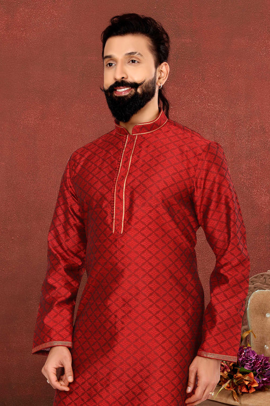 Red Color Gorgeous Fancy Fabric Readymade Kurta Pyjama For Men